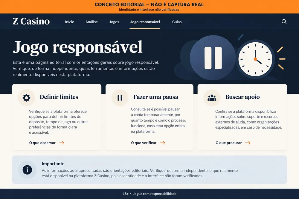 Página conceitual de jogo responsável com limites e pausa