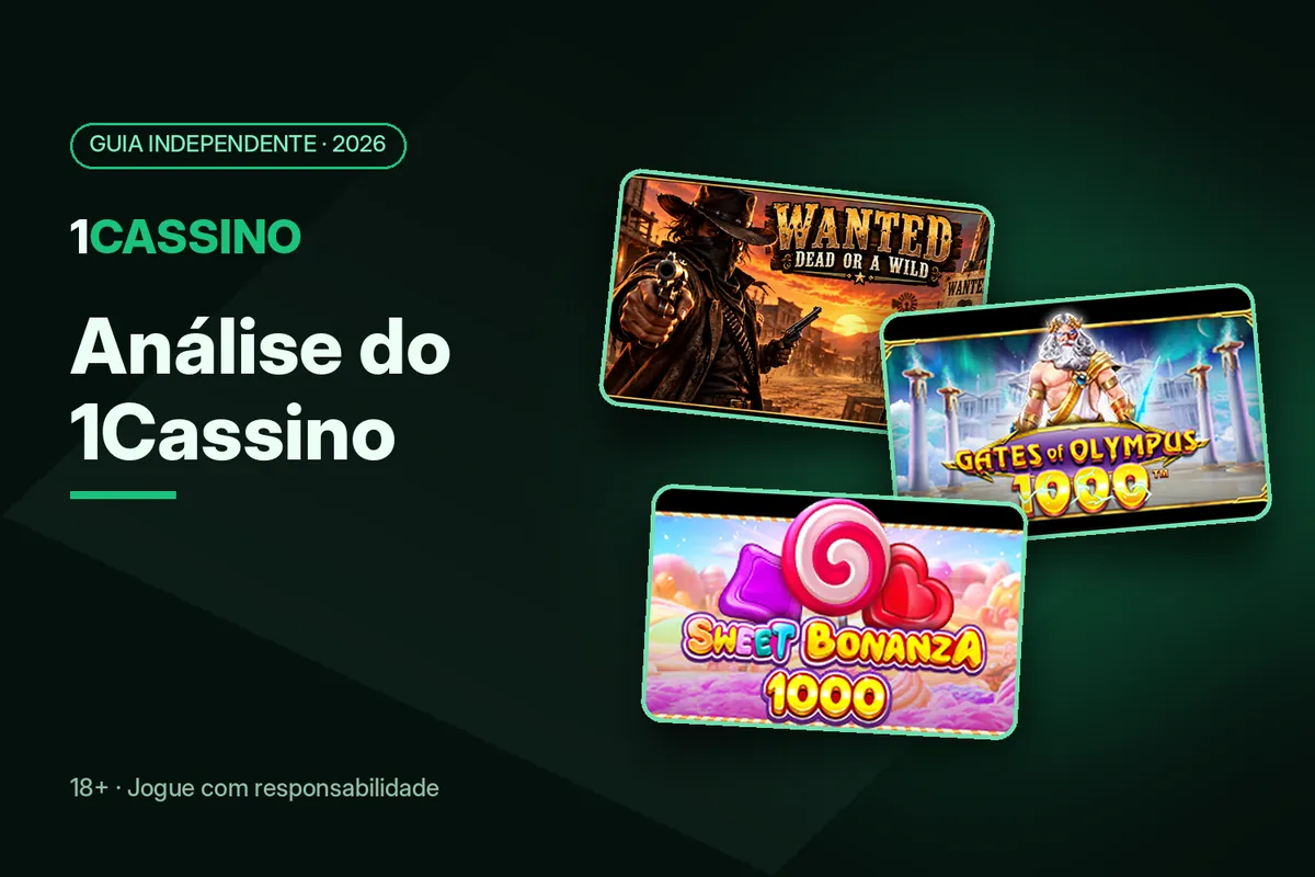 Capa 'Análise do 1Cassino' com artes dos slots Wanted Dead or a Wild, Gates of Olympus 1000 e Sweet Bonanza 1000