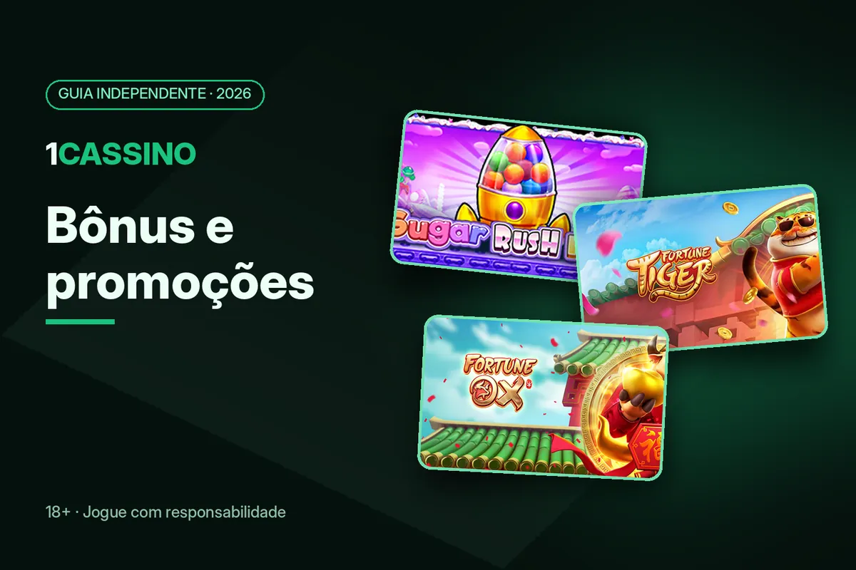 Capa 'Bônus e promoções' com artes de Sugar Rush 1000, Fortune Tiger e Fortune Ox