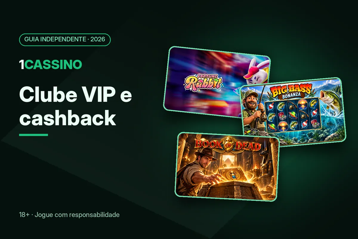 Capa 'Clube VIP e cashback' com artes de Fortune Rabbit, Big Bass Bonanza e Book of Dead