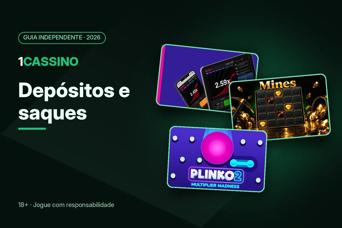 Capa 'Depósitos e saques' com artes dos jogos Aviator, Mines e Plinko
