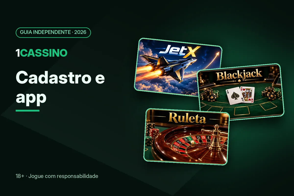 Capa 'Cadastro e app' com artes de JetX, blackjack e roleta