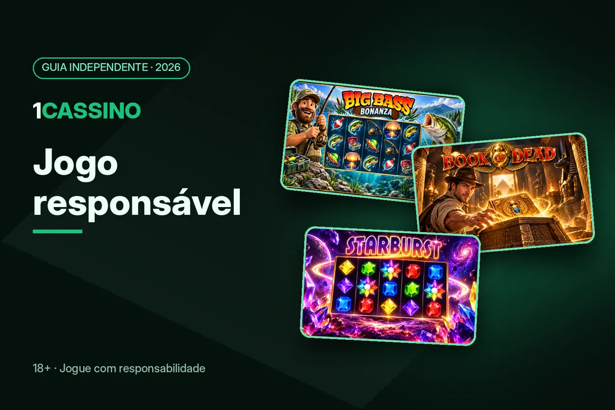 Capa 'Jogo responsável' com artes de Big Bass Bonanza, Book of Dead e Starburst