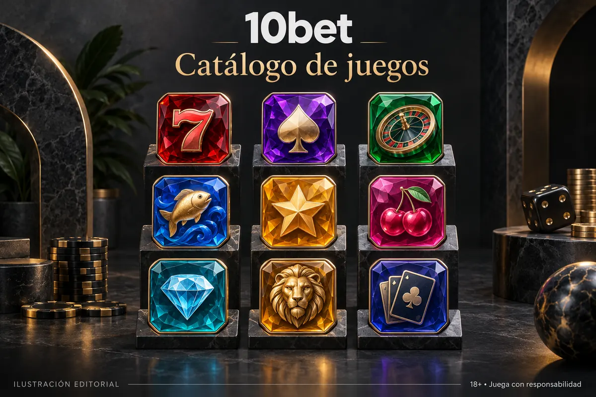 Catálogo de juegos de 10bet: tragamonedas, mesas y casino en vivo. Ilustración editorial.