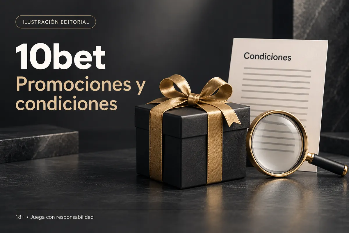 Promociones y condiciones en 10bet: revisa el rollover y la apuesta máxima. Ilustración editorial.