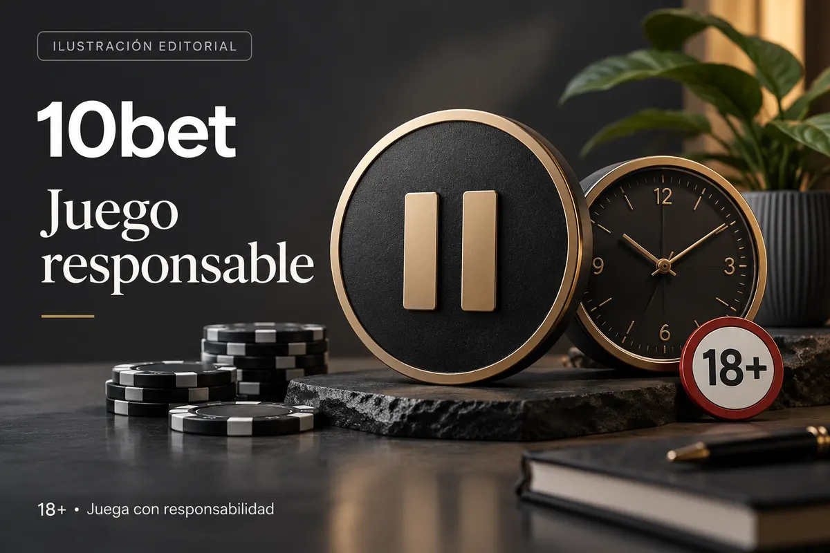 Juego responsable en 10bet: límites de depósito, pausas y autoexclusión. Ilustración editorial.