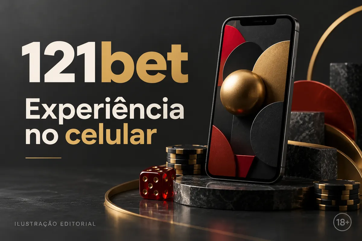 121bet no celular: funciona pelo navegador, o app é opcional. Ilustração editorial.