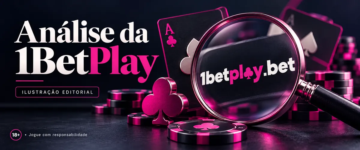 Lupa sobre o logotipo 1betplay.bet entre cartas e fichas rosa, com o título Análise da 1BetPlay