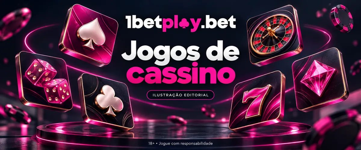 Ícones de dados, roleta, naipes e número 7 flutuando sob o título Jogos de cassino