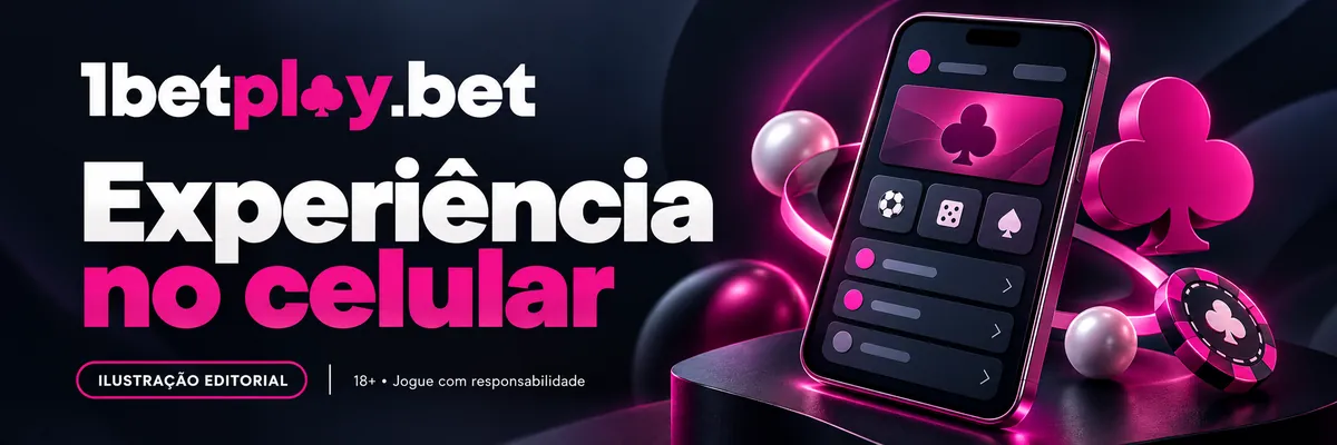 Smartphone com menu rosa ao lado de fichas e naipe de paus, com o título Experiência no celular