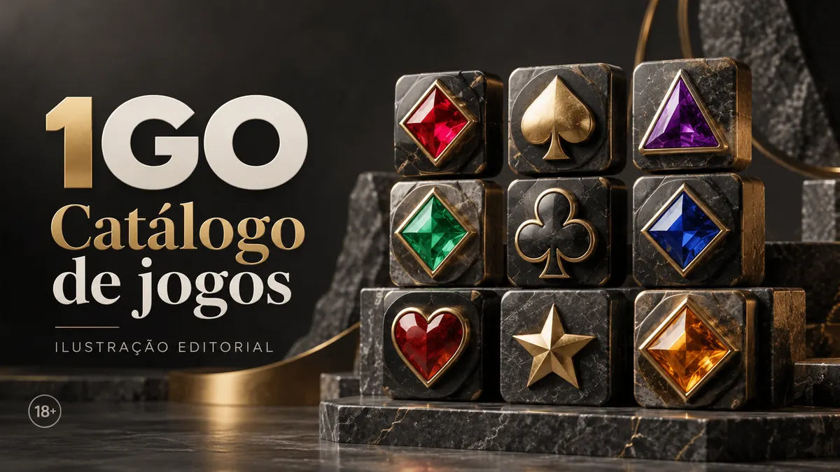 Catálogo de jogos de 1GO: slots, mesas e cassino ao vivo. Ilustração editorial.