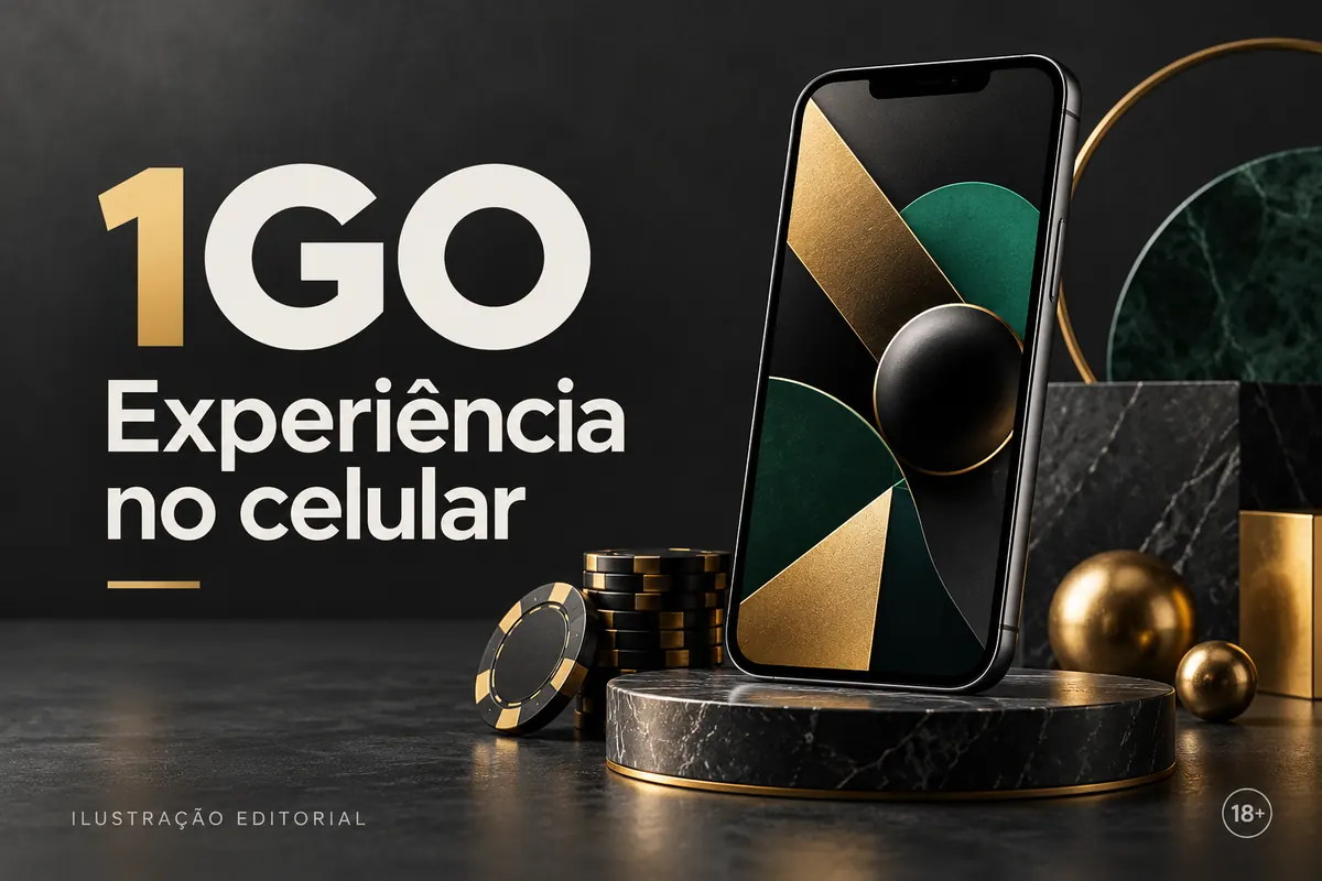 1GO no celular: funciona pelo navegador, o app é opcional. Ilustração editorial.