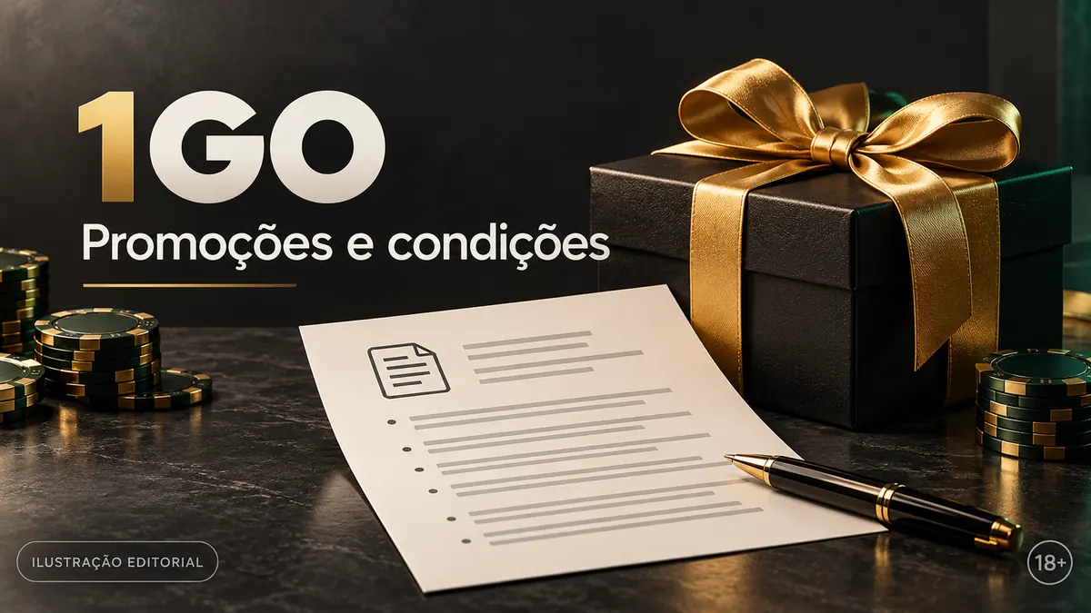 Promoções e condições em 1GO: confira o rollover e a aposta máxima. Ilustração editorial.