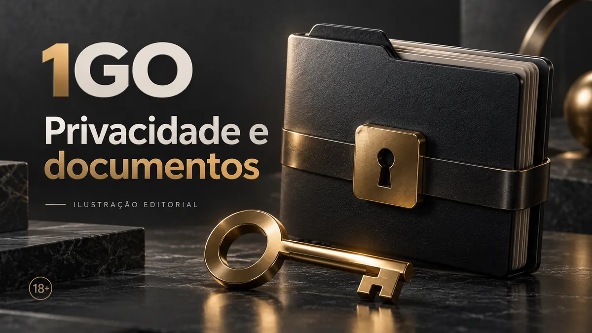 Privacidade e documentos em 1GO: verificação de identidade antes do primeiro saque. Ilustração editorial.