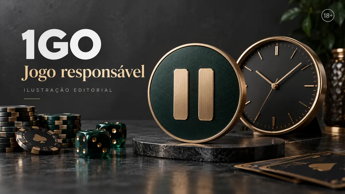 Jogo responsável em 1GO: limites de depósito, pausas e autoexclusão. Ilustração editorial.