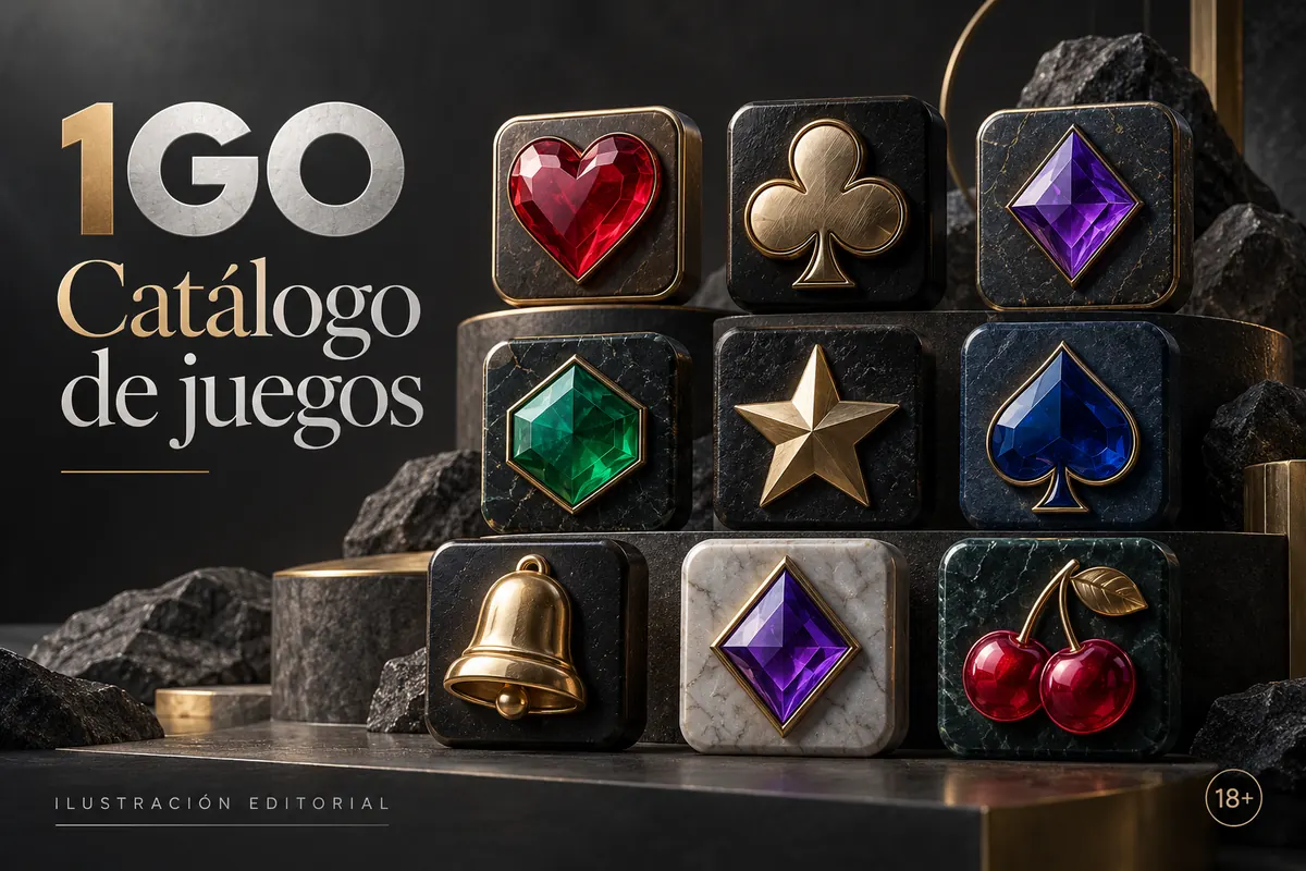 Catálogo de juegos de 1GO: tragamonedas, mesas y casino en vivo. Ilustración editorial.