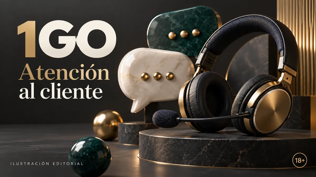 Atención al cliente de 1GO: chat y correo; comprueba horarios e idioma. Ilustración editorial.