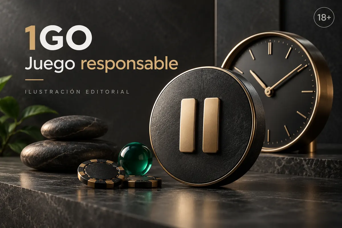 Juego responsable en 1GO: límites de depósito, pausas y autoexclusión. Ilustración editorial.
