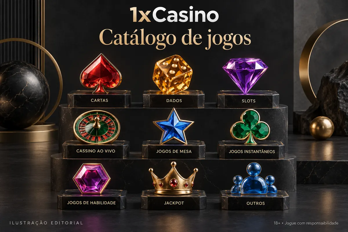 Catálogo de jogos de 1xCasino: slots, mesas e cassino ao vivo. Ilustração editorial.