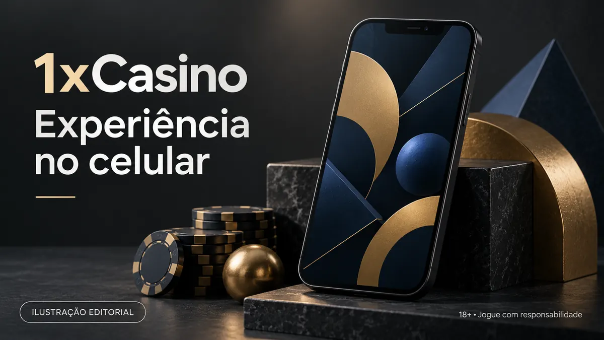 1xCasino no celular: funciona pelo navegador, o app é opcional. Ilustração editorial.