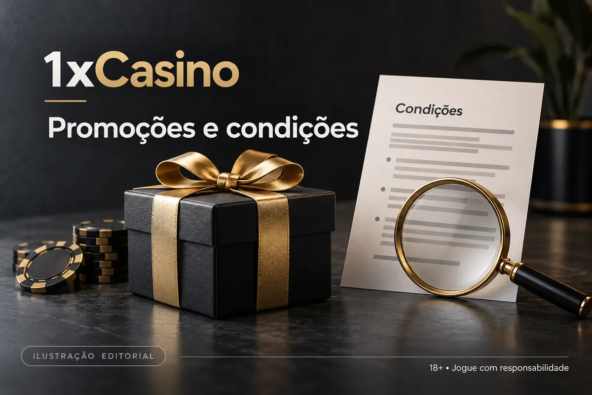 Promoções e condições em 1xCasino: confira o rollover e a aposta máxima. Ilustração editorial.