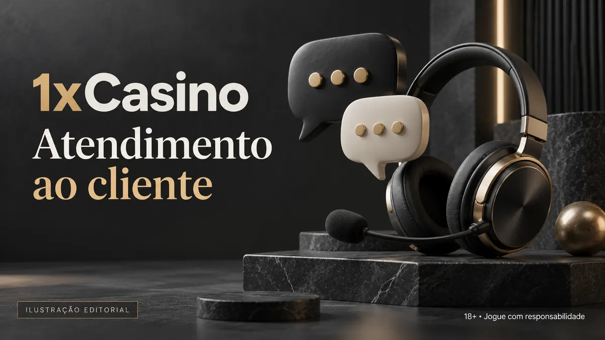 Atendimento ao cliente de 1xCasino: chat e e-mail; confira horários e idioma. Ilustração editorial.
