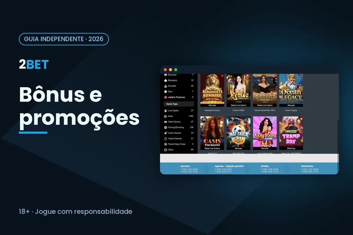 Capa 'Bônus e promoções' com a captura do catálogo de jogos do 2bet.ag