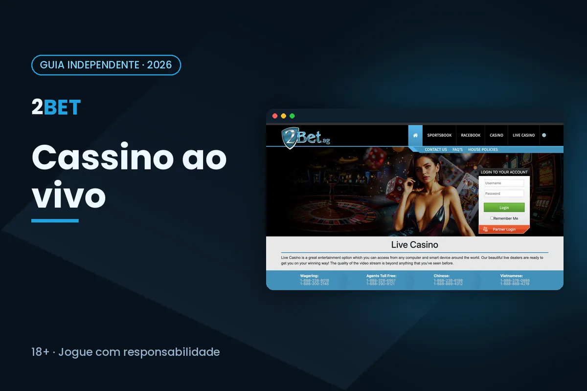 Capa 'Cassino ao vivo' com a captura da página Live Casino do 2bet.ag