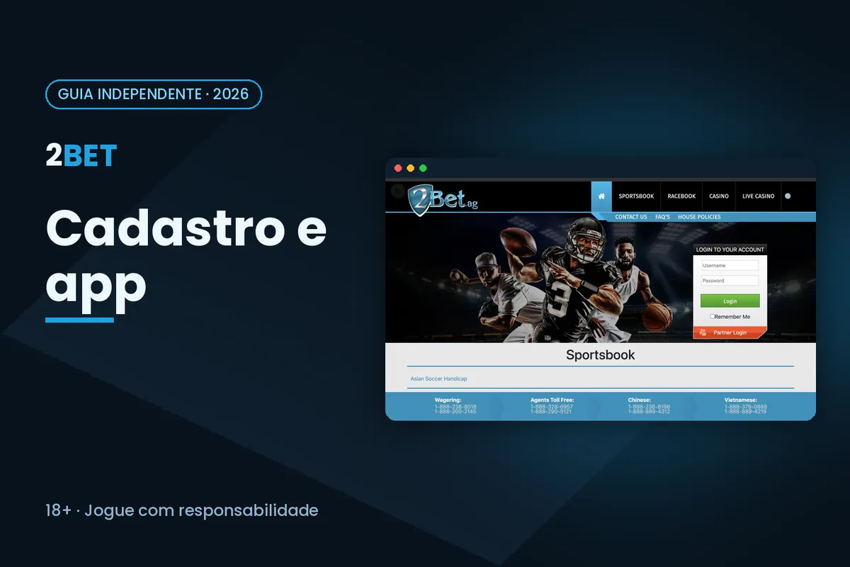 Capa 'Cadastro e app' com a captura da seção Sportsbook do 2bet.ag