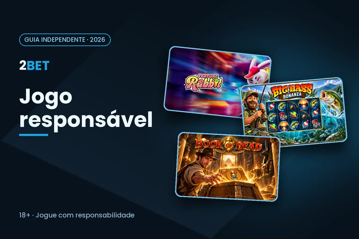 Capa 'Jogo responsável' com artes de Fortune Rabbit, Big Bass Bonanza e Book of Dead