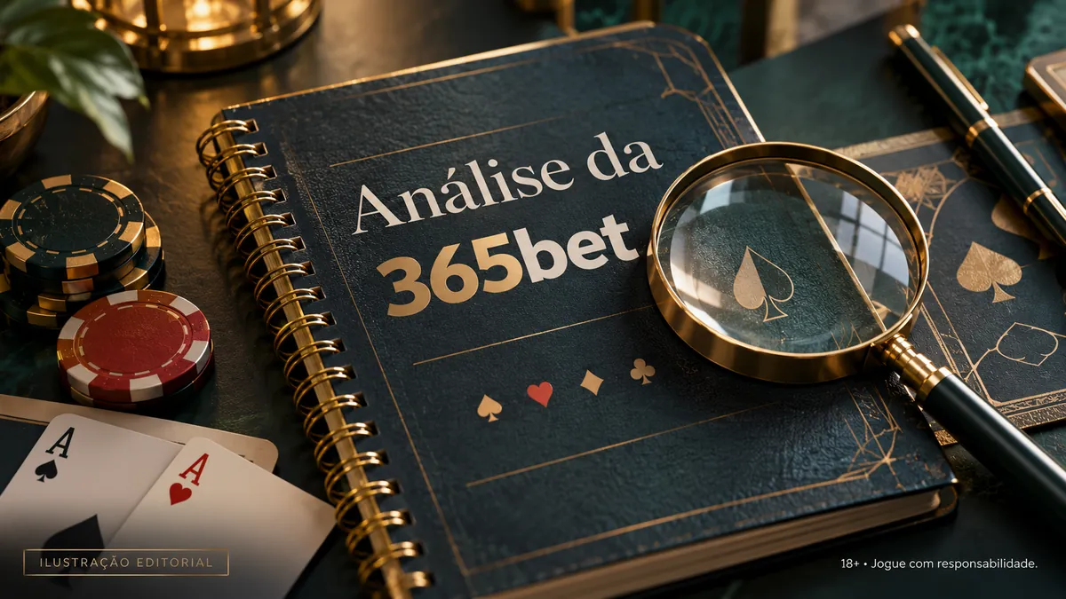 Caderno com o título Análise da 365bet, lupa, fichas e cartas sobre uma mesa