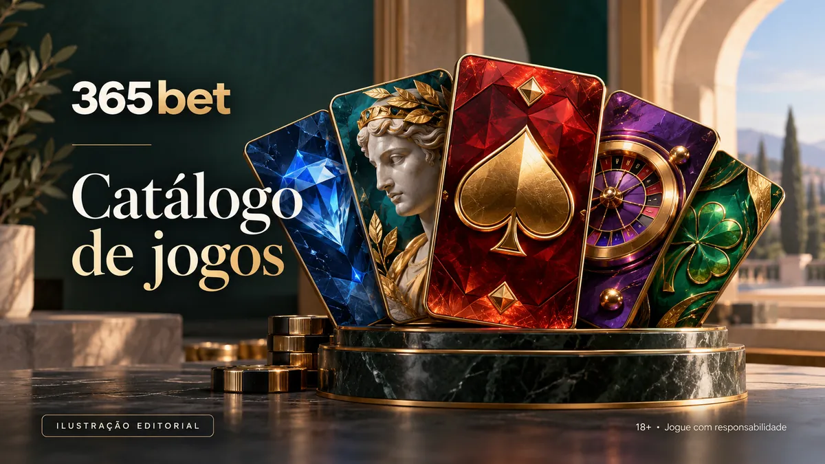 Cartas de baralho estilizadas sobre pedestal de mármore com o título Catálogo de jogos