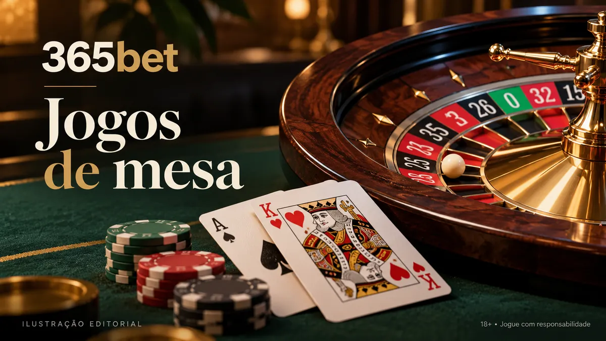 Roleta, cartas e fichas sobre feltro verde com o título Jogos de mesa