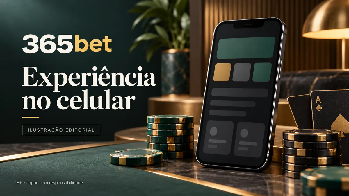 Celular com tela de aplicativo genérica ao lado de fichas, título Experiência no celular