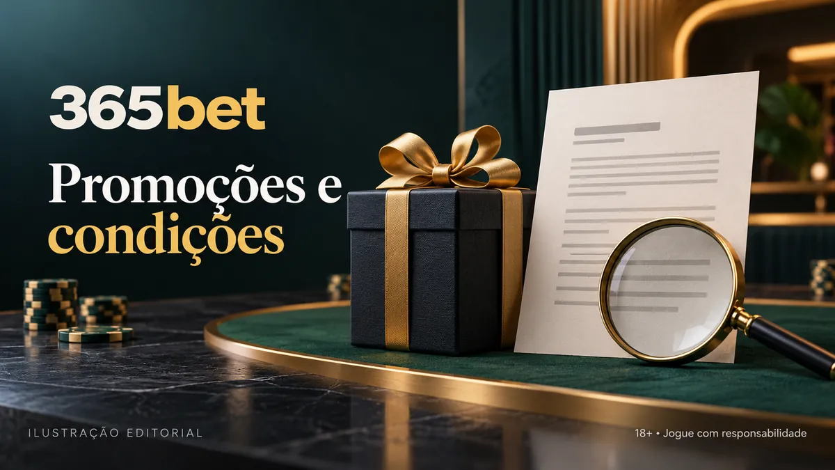 Caixa de presente preta com laço dourado e documento sob lupa, título Promoções e condições