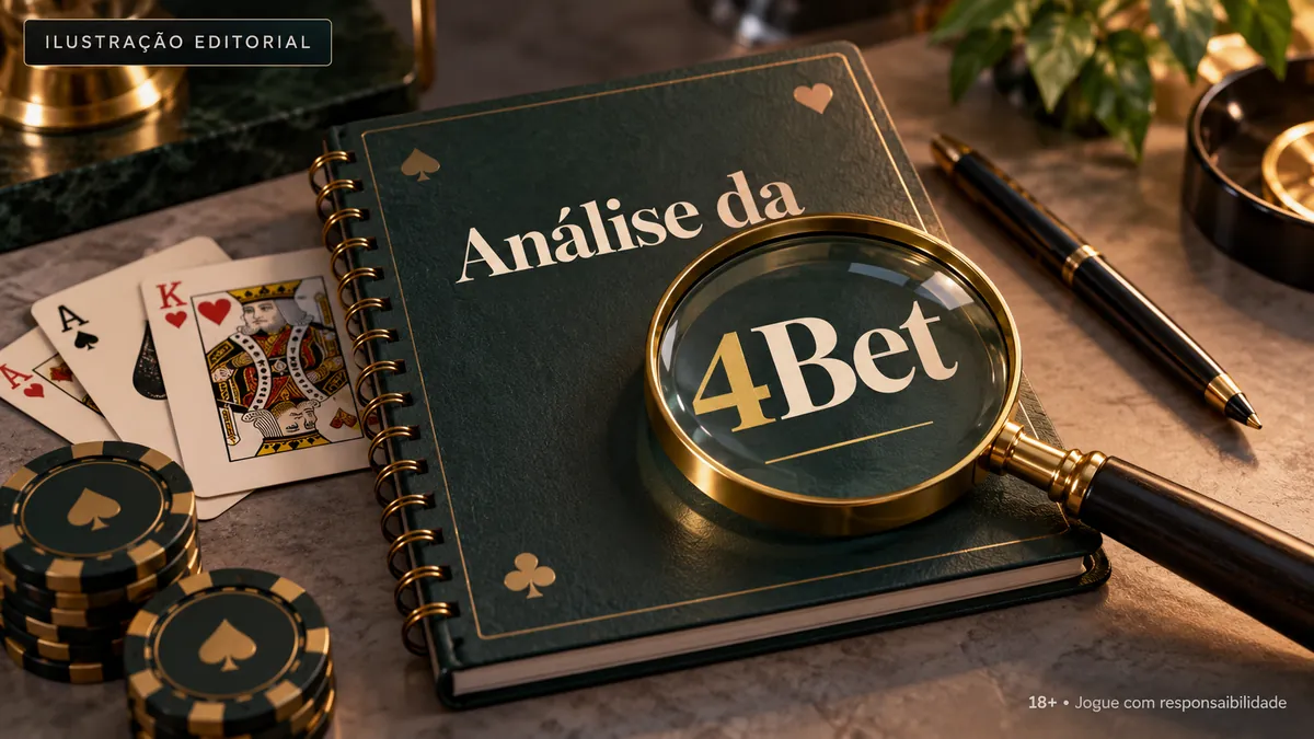 Caderno verde com o título Análise da 4Bet sob uma lupa, ao lado de cartas e fichas