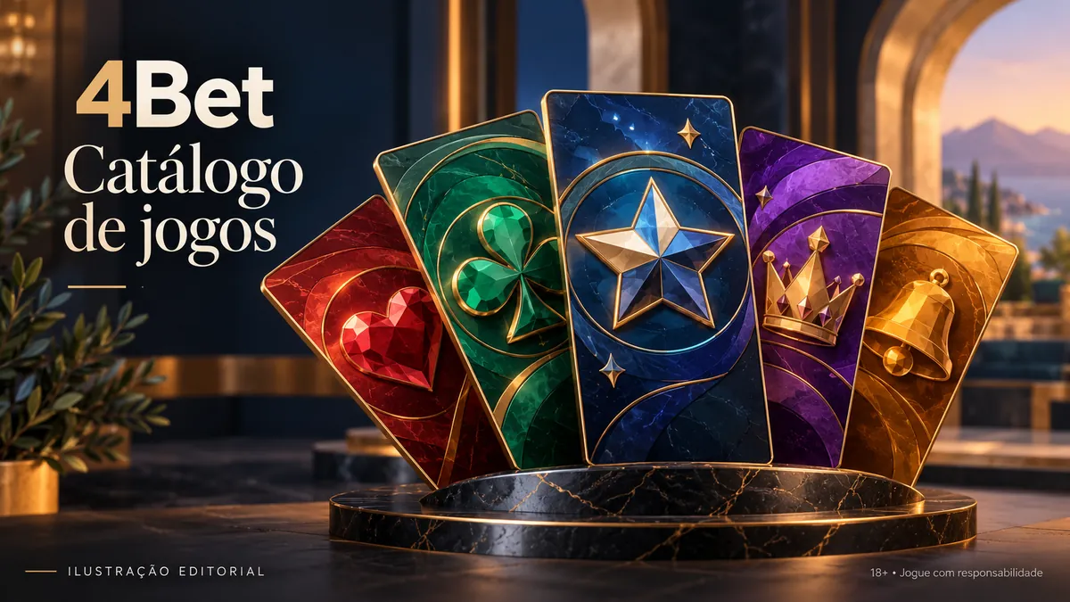 Cartas estilizadas em leque sobre pedestal de mármore, com o texto 4Bet Catálogo de jogos