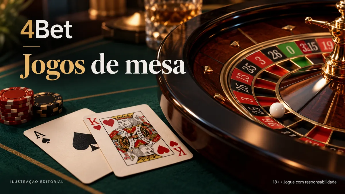 Roleta de madeira, ás e rei de copas sobre feltro verde, com o texto 4Bet Jogos de mesa