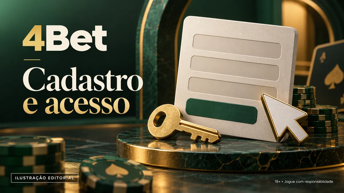 Formulário estilizado com cursor e chave dourada, com o texto 4Bet Cadastro e acesso