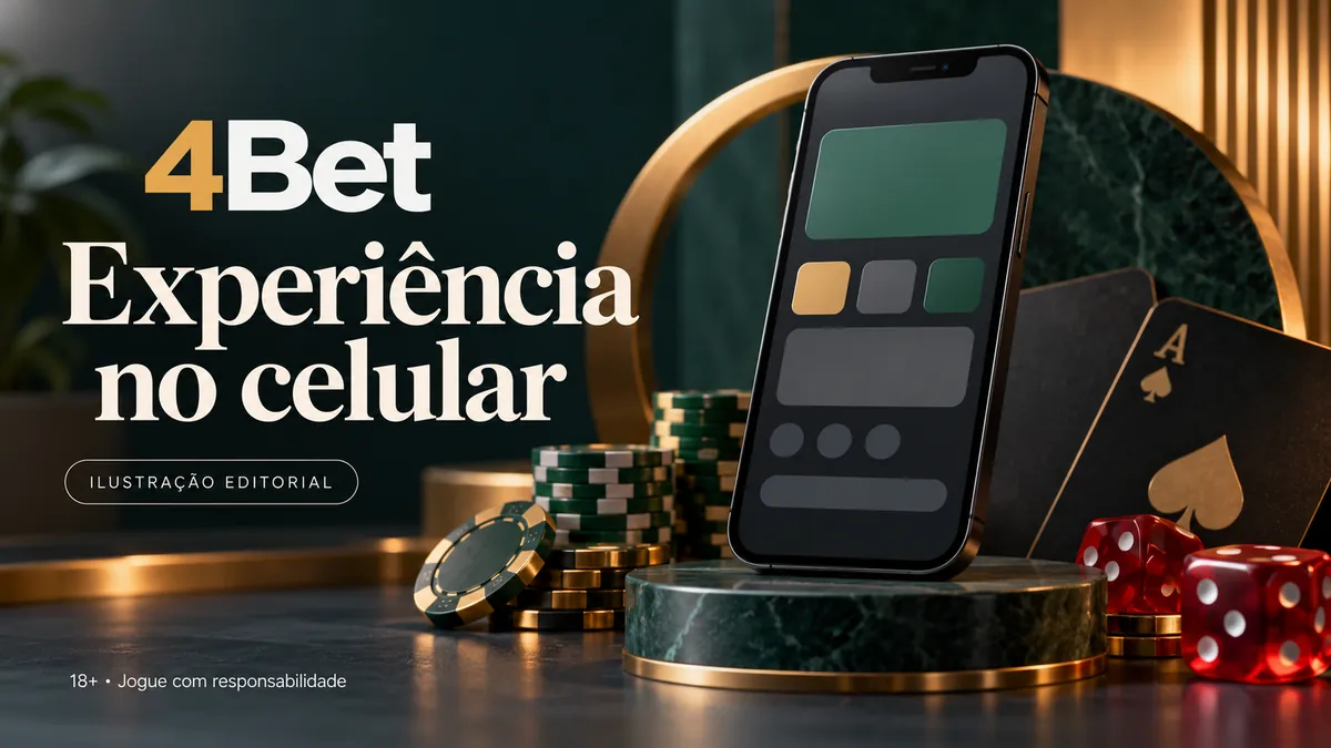 Celular em base de mármore com fichas, cartas e dados, com o texto 4Bet Experiência no celular
