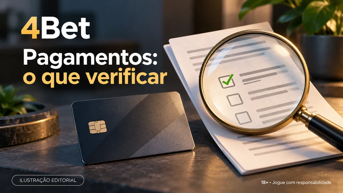 Cartão preto e lupa sobre lista de verificação, com o texto 4Bet Pagamentos: o que verificar