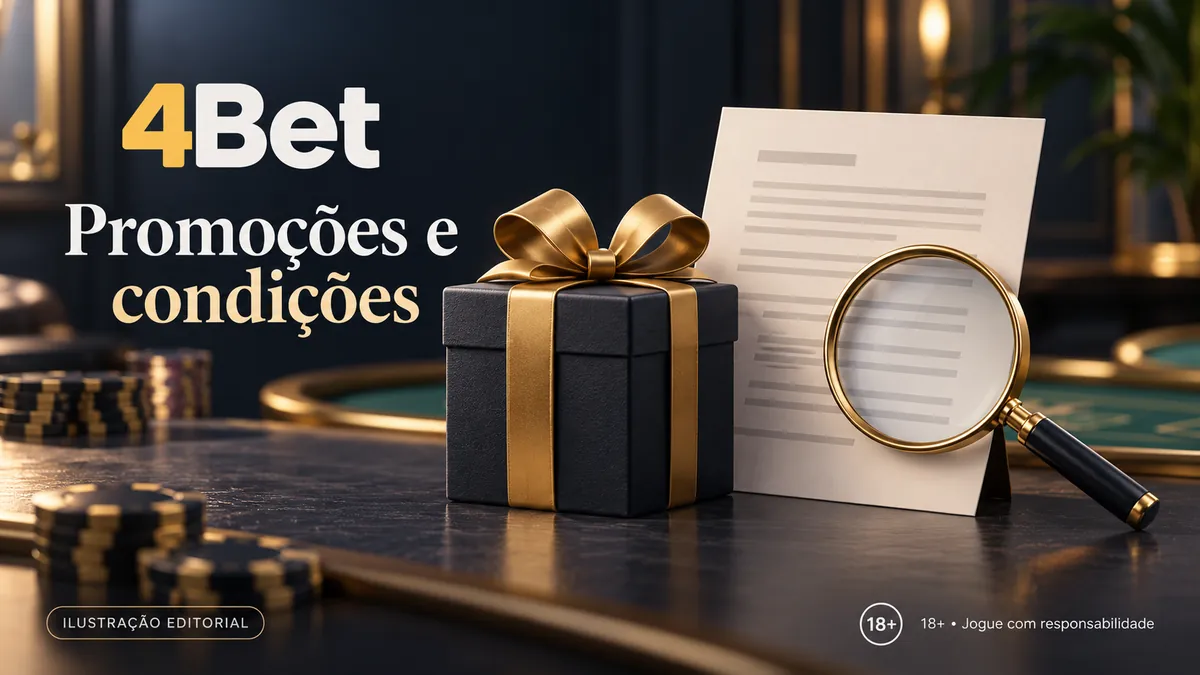 Caixa de presente preta com laço dourado e lupa sobre documento, com o texto 4Bet Promoções e condições