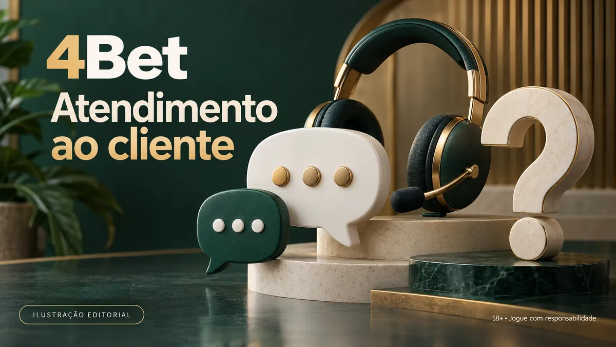 Fone de ouvido, balões de conversa e ponto de interrogação, com o texto 4Bet Atendimento ao cliente