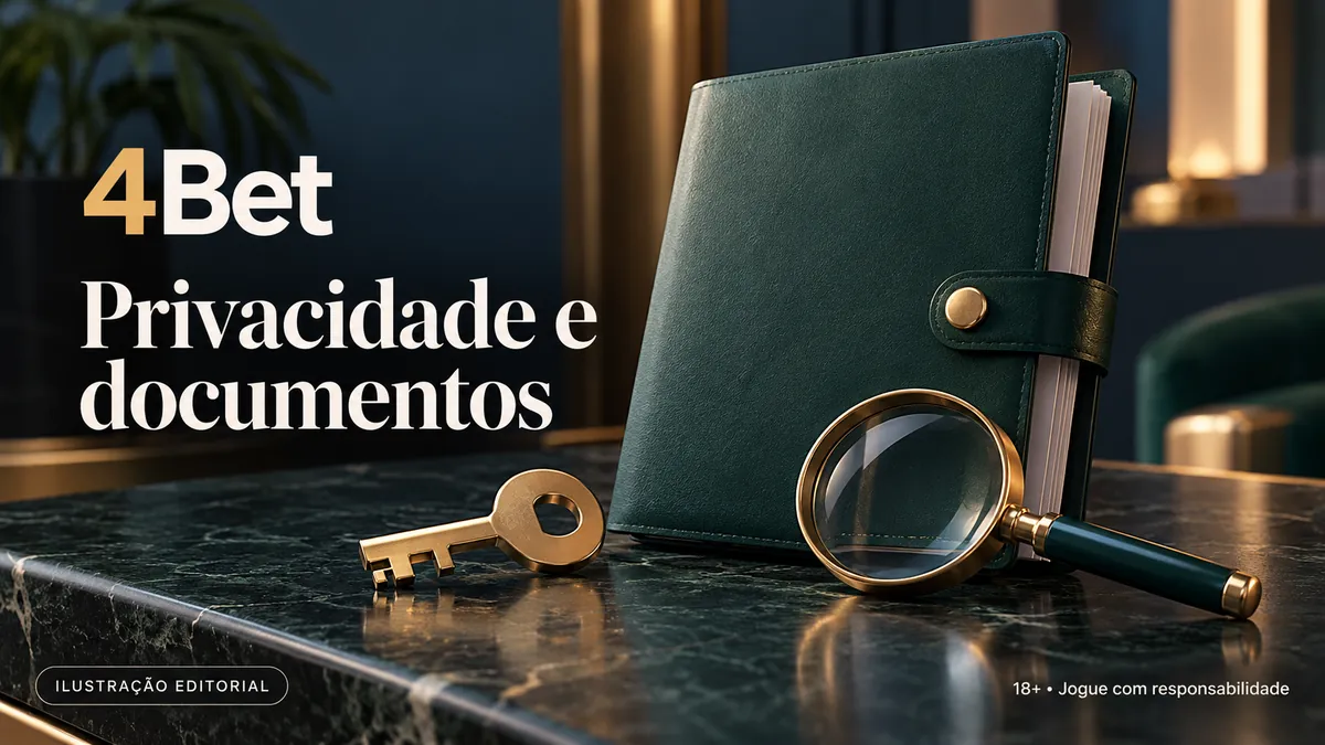 Carteira verde, chave dourada e lupa, com o texto 4Bet Privacidade e documentos