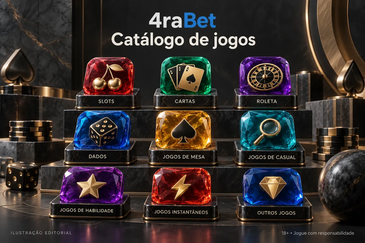Catálogo de jogos de 4raBet: slots, mesas e cassino ao vivo. Ilustração editorial.