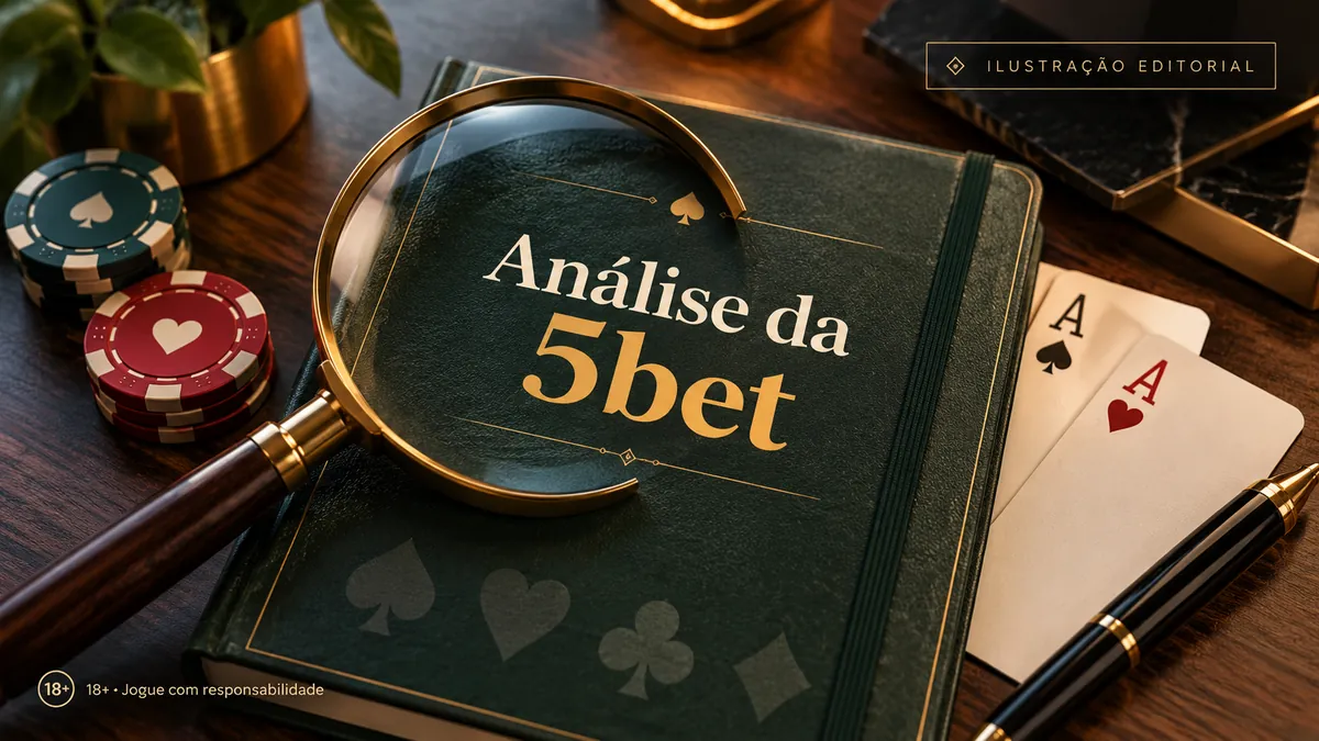 Caderno verde com o título Análise da 5bet sob uma lupa, ao lado de fichas e cartas