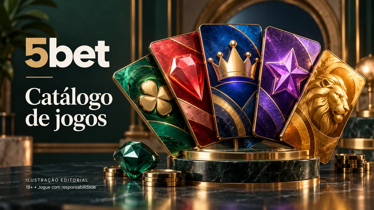 Cartas com trevo, diamante, coroa, estrela e leão em leque, com o texto 5bet Catálogo de jogos