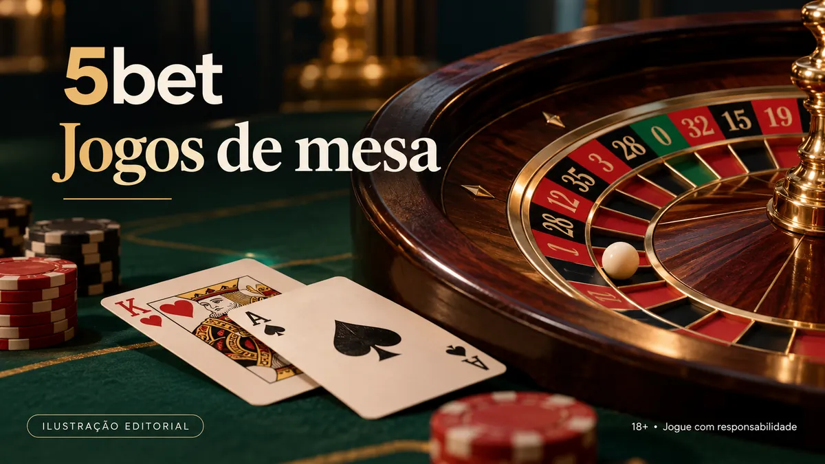 Roleta de madeira e cartas sobre feltro verde, com o texto 5bet Jogos de mesa