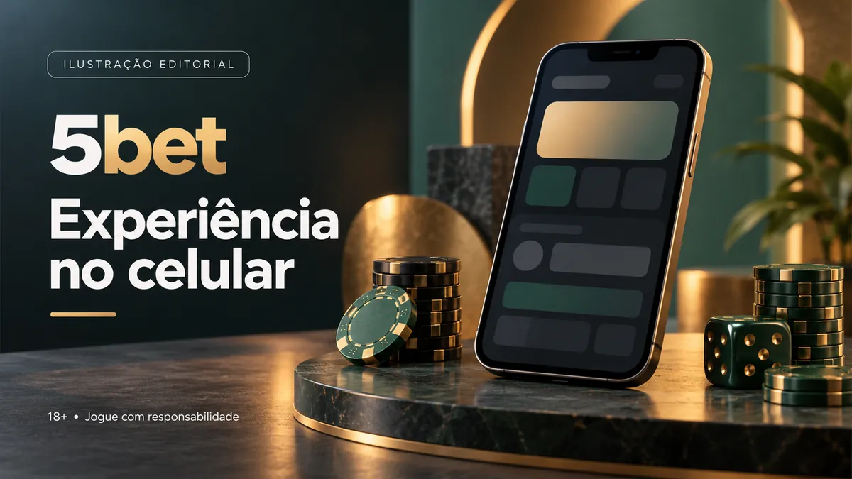 Celular em base de mármore entre fichas e dados, com o texto 5bet Experiência no celular