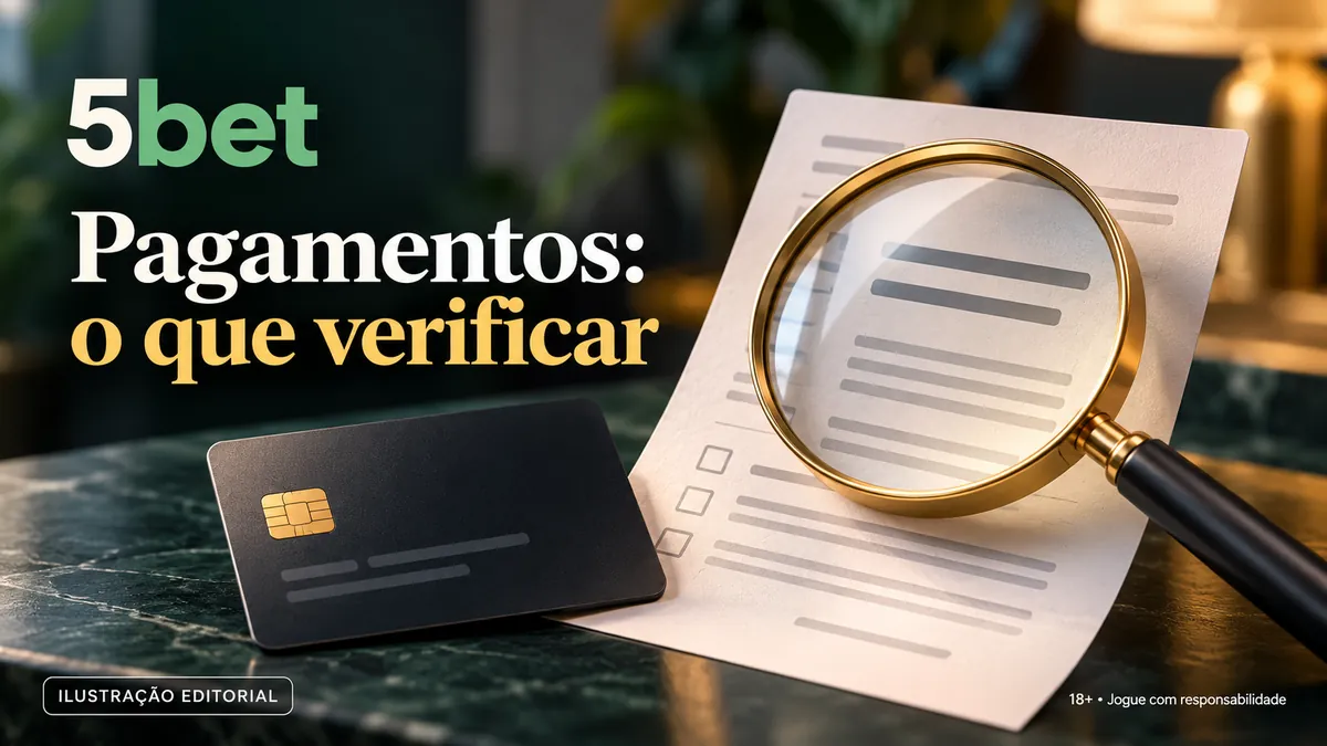Cartão preto e lupa sobre documento, com o texto 5bet Pagamentos: o que verificar